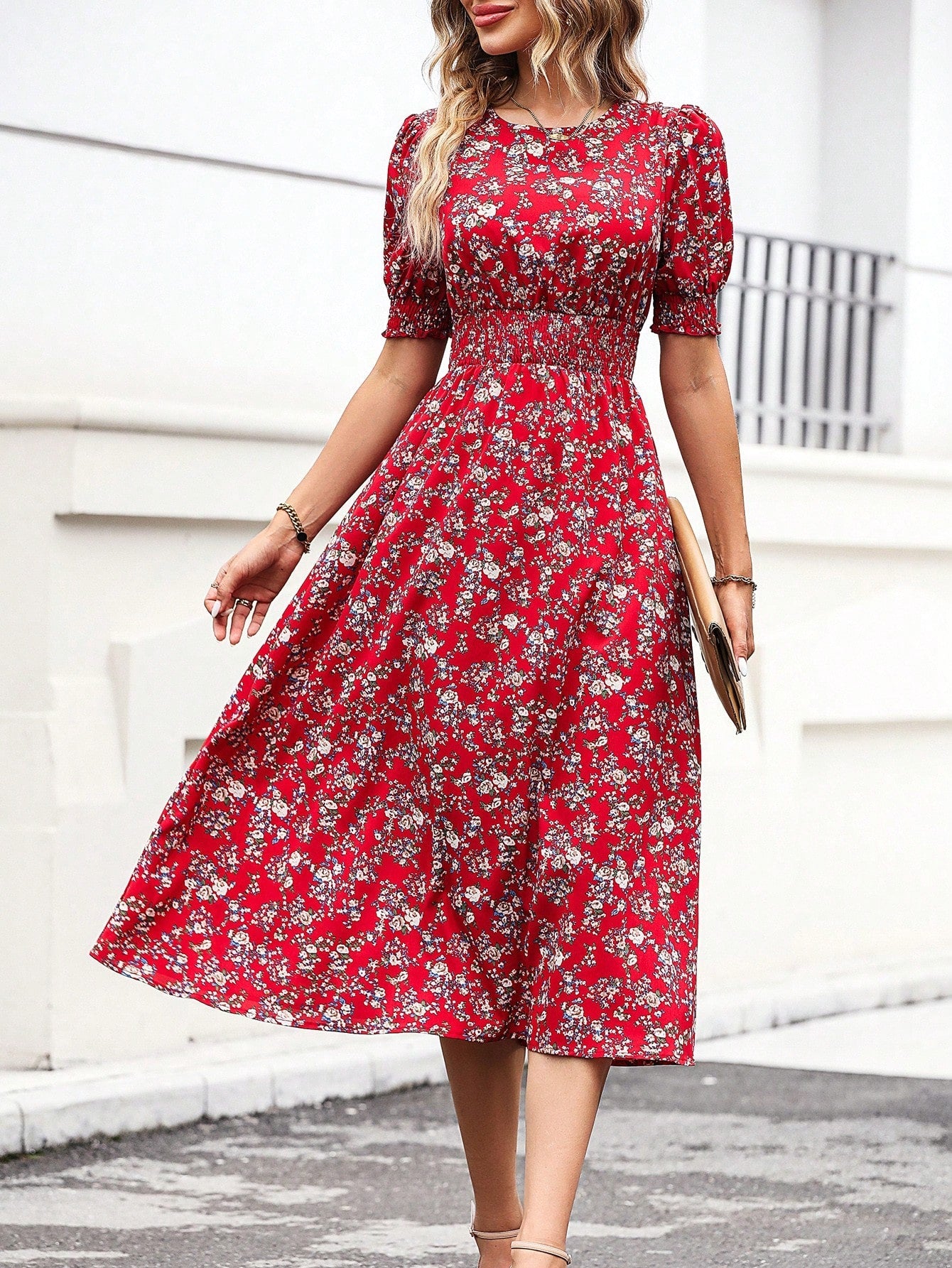SHEIN Floral Print Puff Sleeve Dress - Negative Apparel