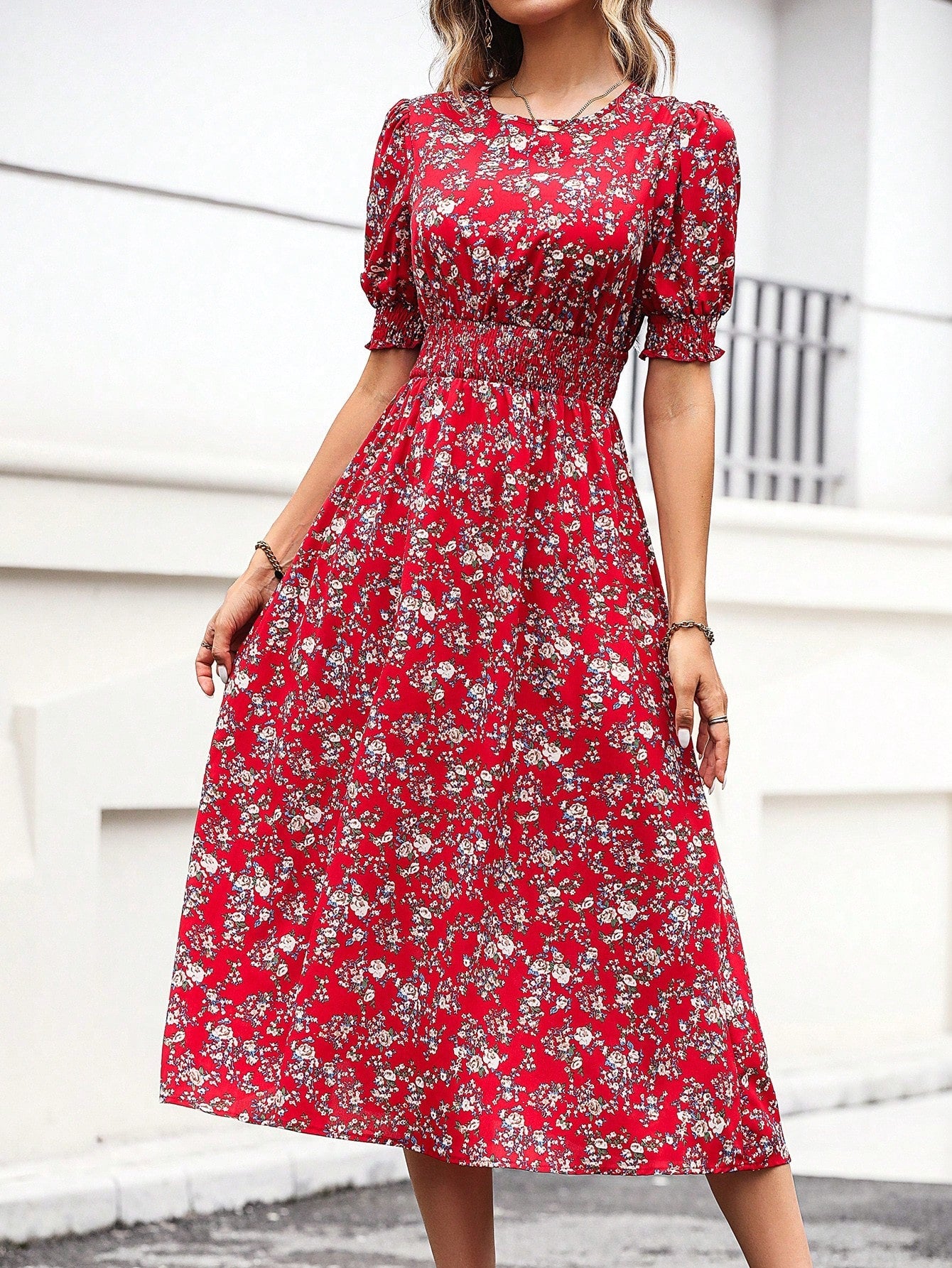 SHEIN Floral Print Puff Sleeve Dress - Negative Apparel