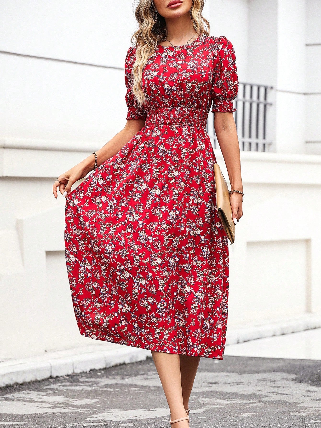 SHEIN Floral Print Puff Sleeve Dress - Negative Apparel