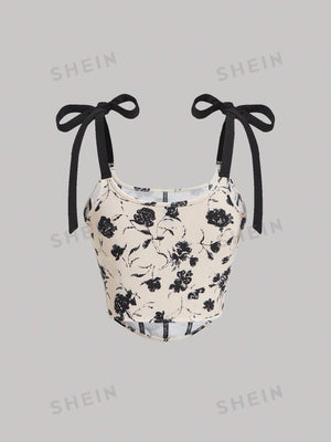 SHEIN Floral Print Tie Shoulder Fish Bone Decoration Cami Top - Negative Apparel