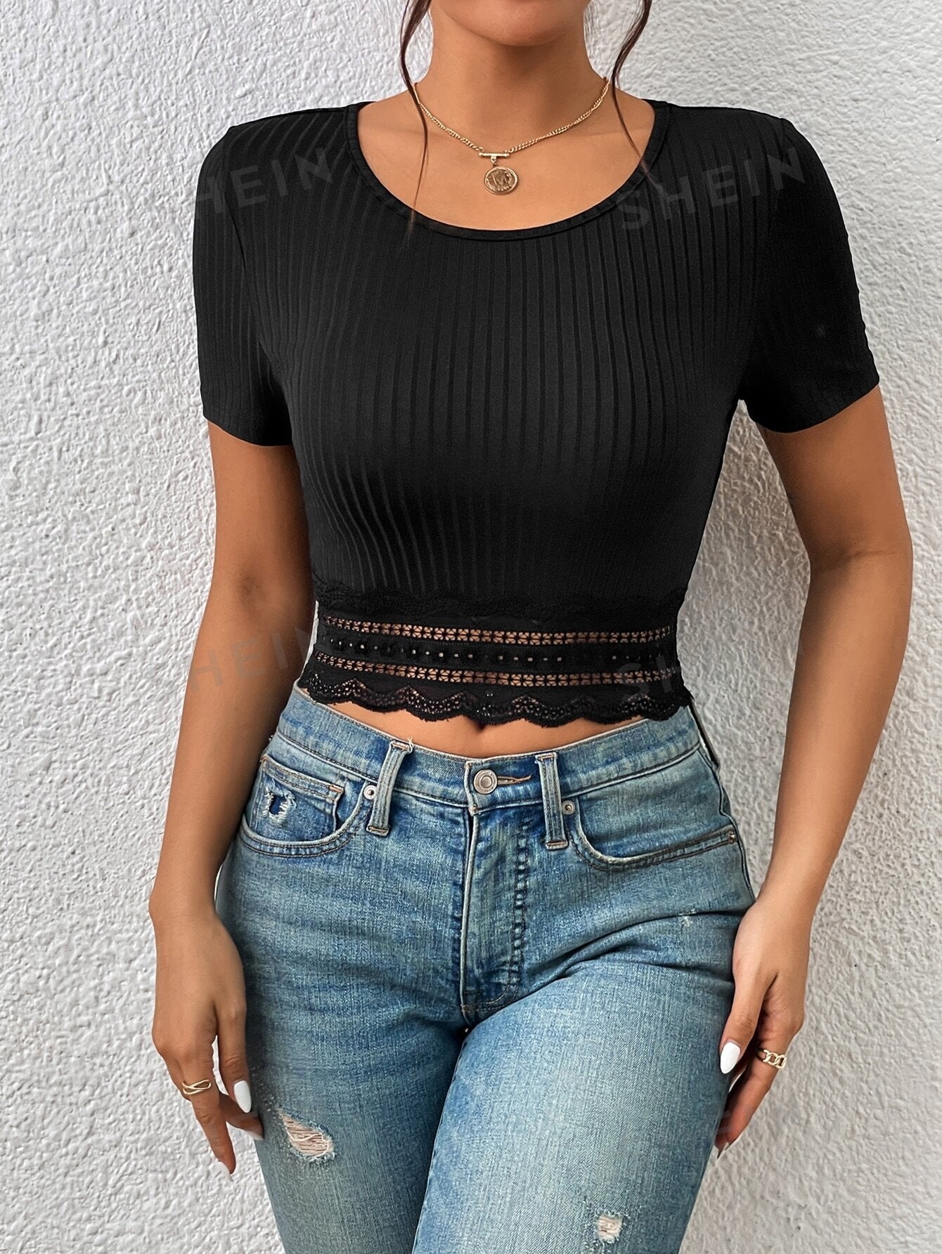 SHEIN Frenchy Contrast Lace Ribbed Knit Crop Tee - Negative Apparel