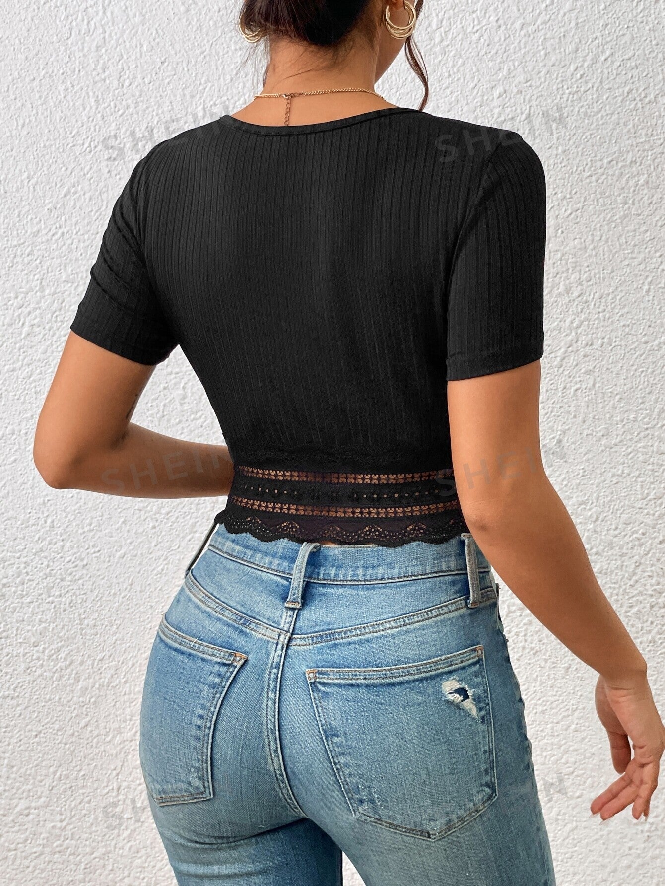 SHEIN Frenchy Contrast Lace Ribbed Knit Crop Tee - Negative Apparel