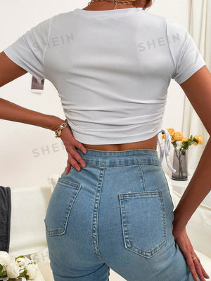 SHEIN Frenchy Ruched Drawstring Knot Rib-knit Crop Tee - Negative Apparel