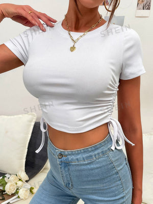 SHEIN Frenchy Ruched Drawstring Knot Rib-knit Crop Tee - Negative Apparel