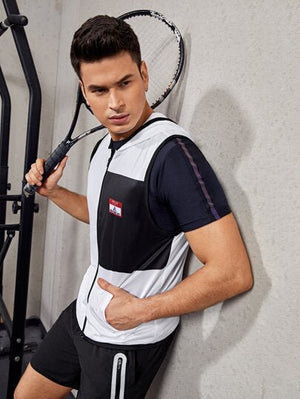 SHEIN Letter Graphic Zip Up Hooded Sports Jacket - Negative Apparel