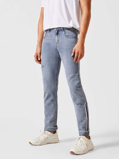 SHEIN Masion Tape Ripped Rolled Jeans - Negative Apparel