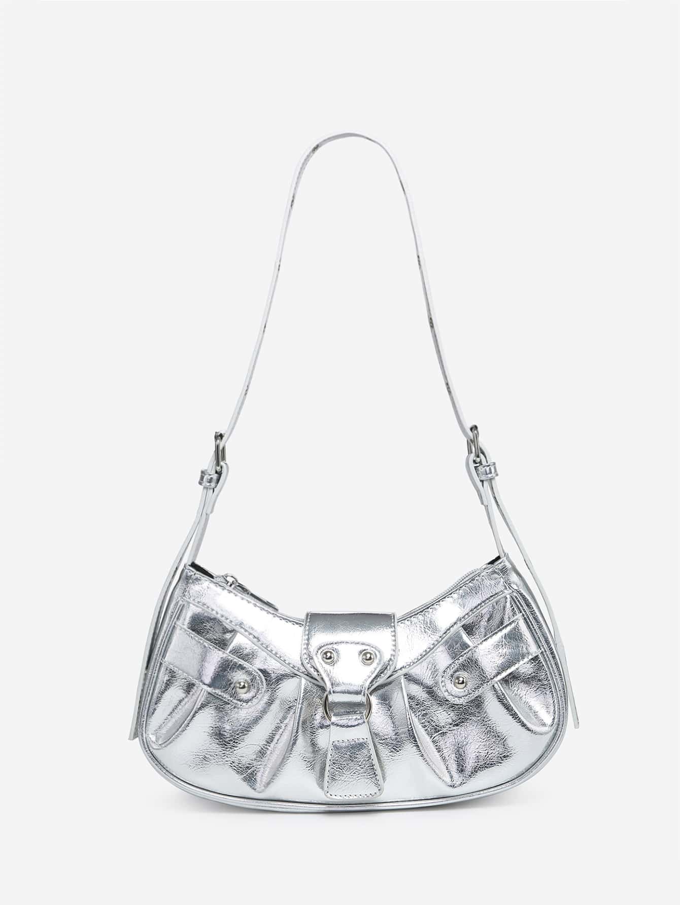SHEIN Metallic Buckle Decor Hobo Bag For Girls - Negative Apparel