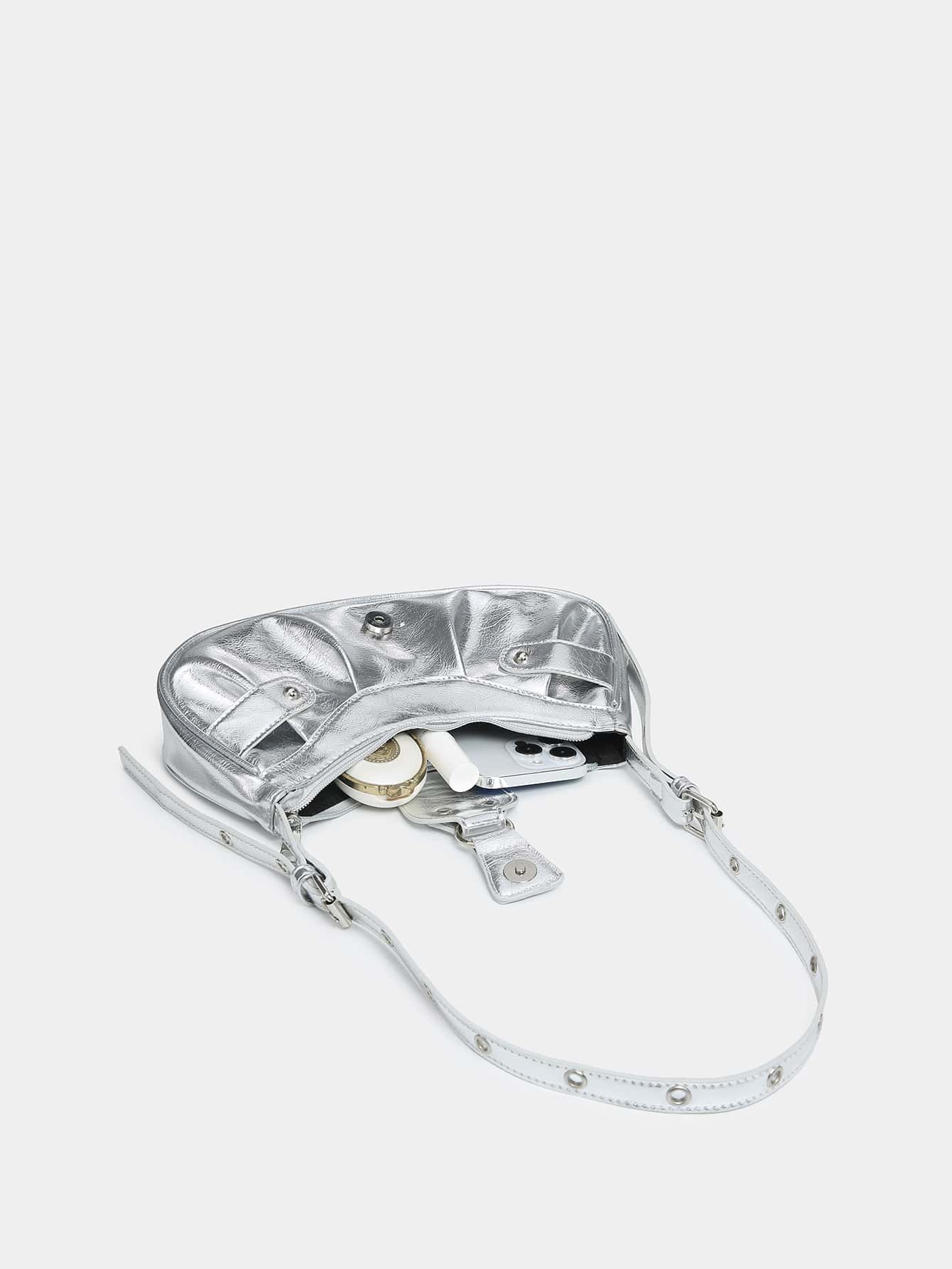 SHEIN Metallic Buckle Decor Hobo Bag For Girls - Negative Apparel