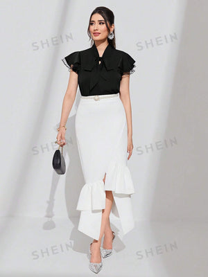 SHEIN Modely Tie Neck Contrast Mesh Flounce Sleeve Summer Blouse - Negative Apparel