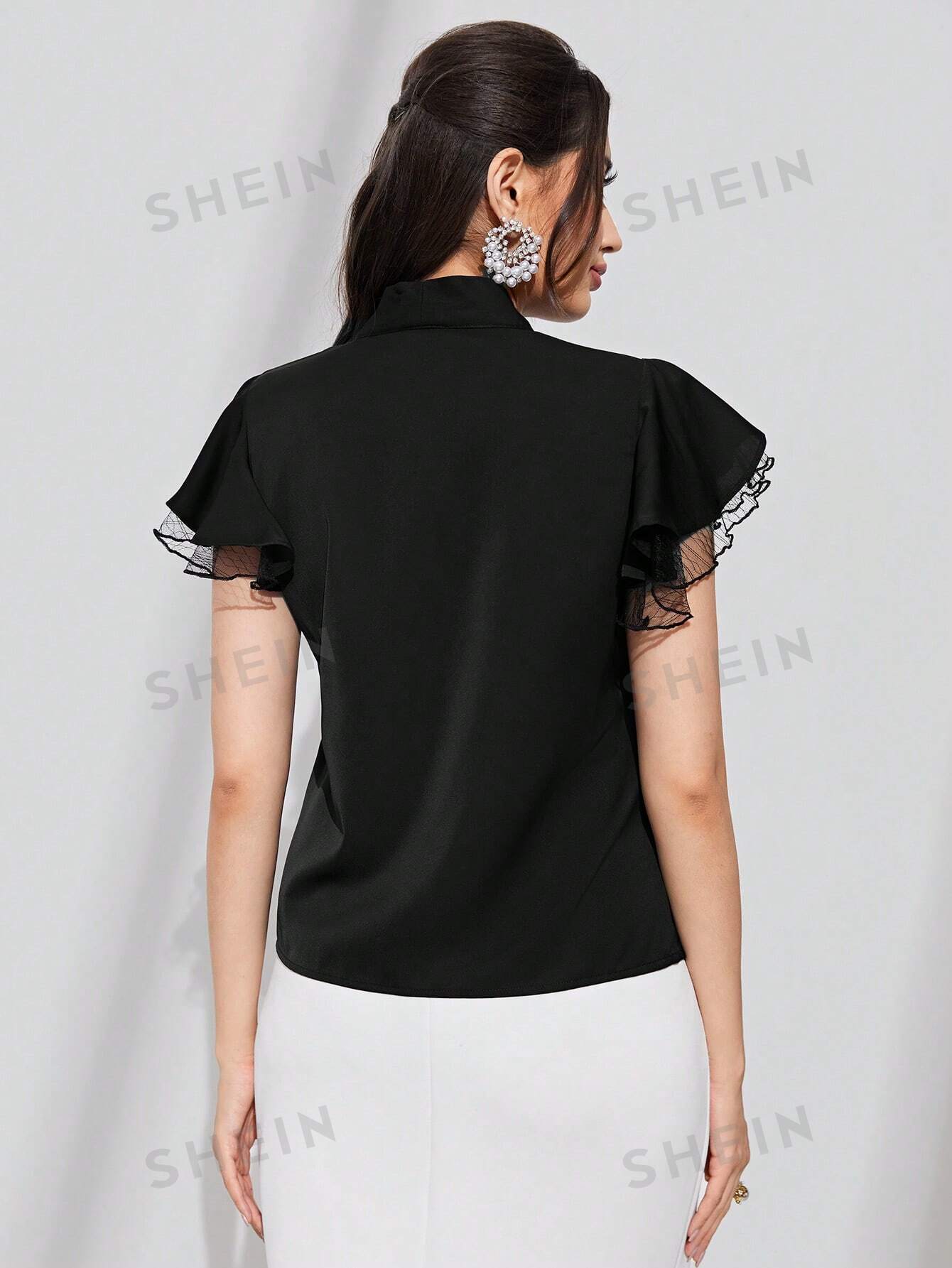 SHEIN Modely Tie Neck Contrast Mesh Flounce Sleeve Summer Blouse - Negative Apparel