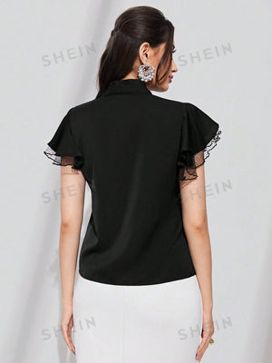 SHEIN Modely Tie Neck Contrast Mesh Flounce Sleeve Summer Blouse - Negative Apparel