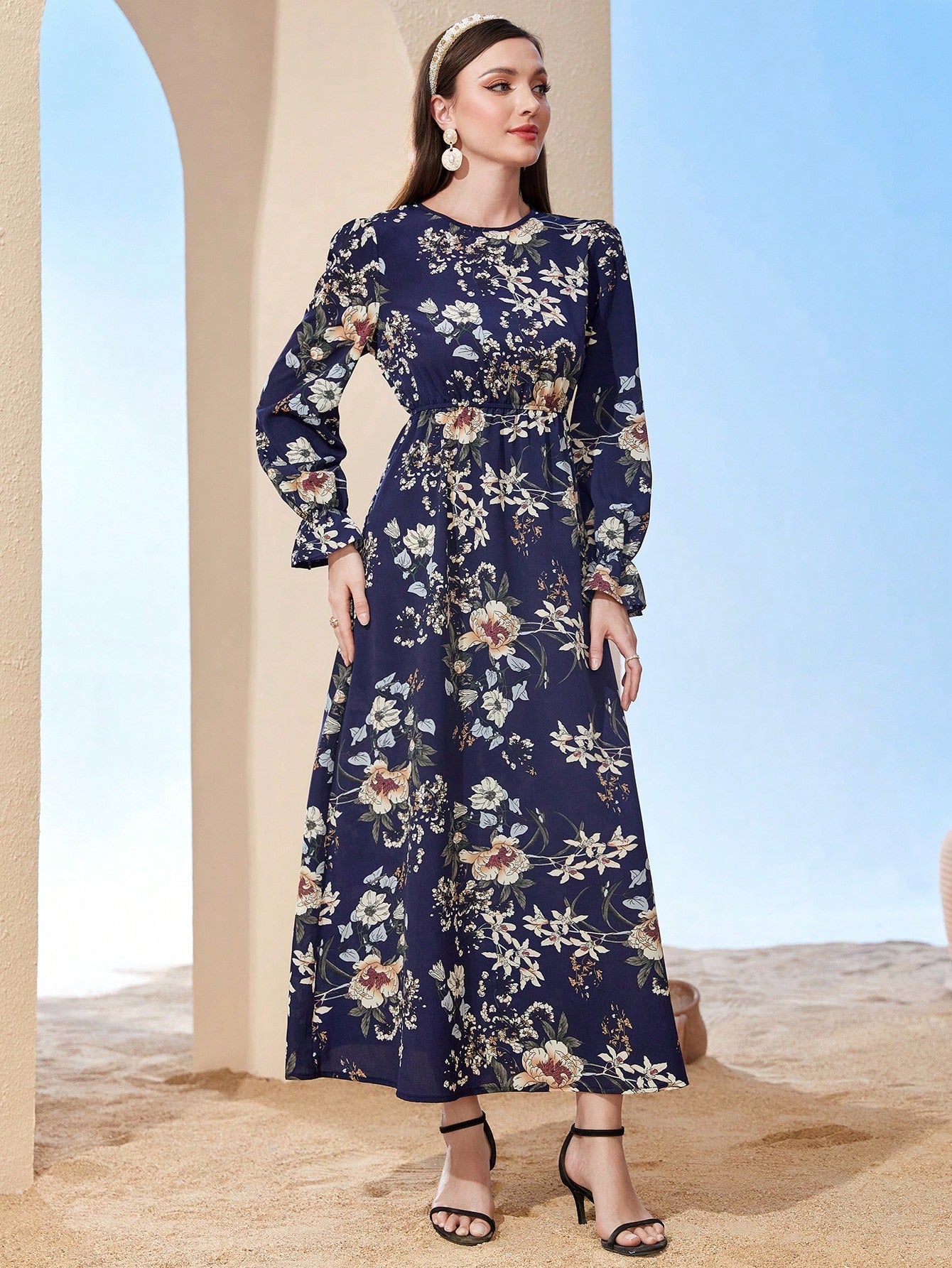 SHEIN Mulvari Floral Print Flare Sleeve Dress - Negative Apparel