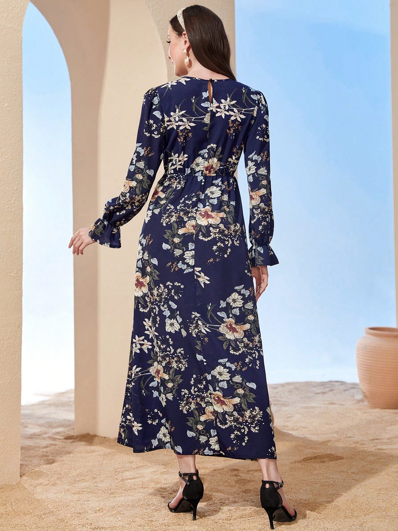 SHEIN Mulvari Floral Print Flare Sleeve Dress - Negative Apparel