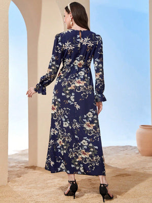 SHEIN Mulvari Floral Print Flare Sleeve Dress - Negative Apparel