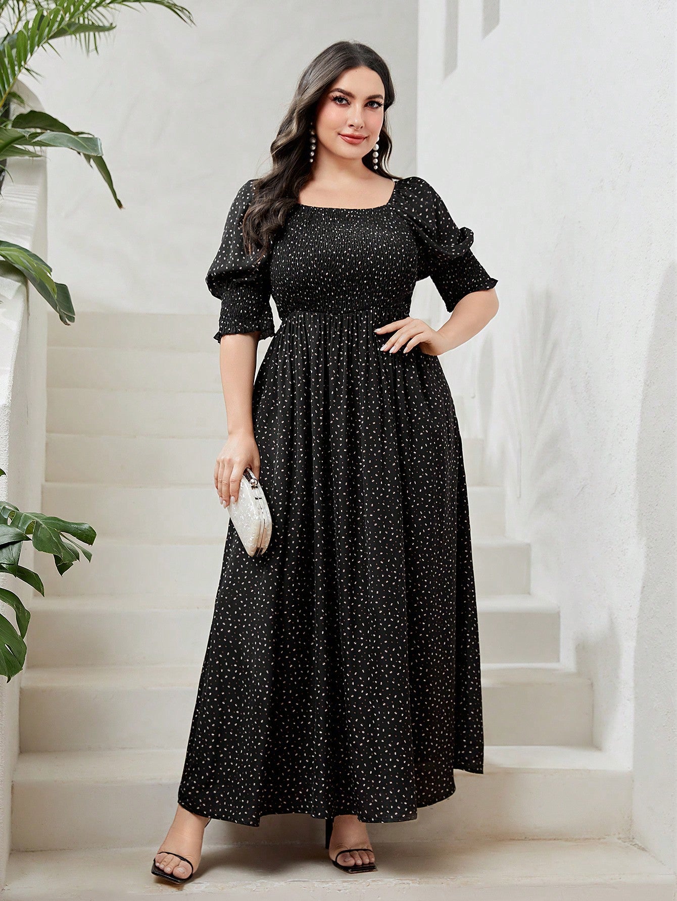 SHEIN Mulvari Plus Allover Print Square Neck Puff Sleeve Dress - Negative Apparel