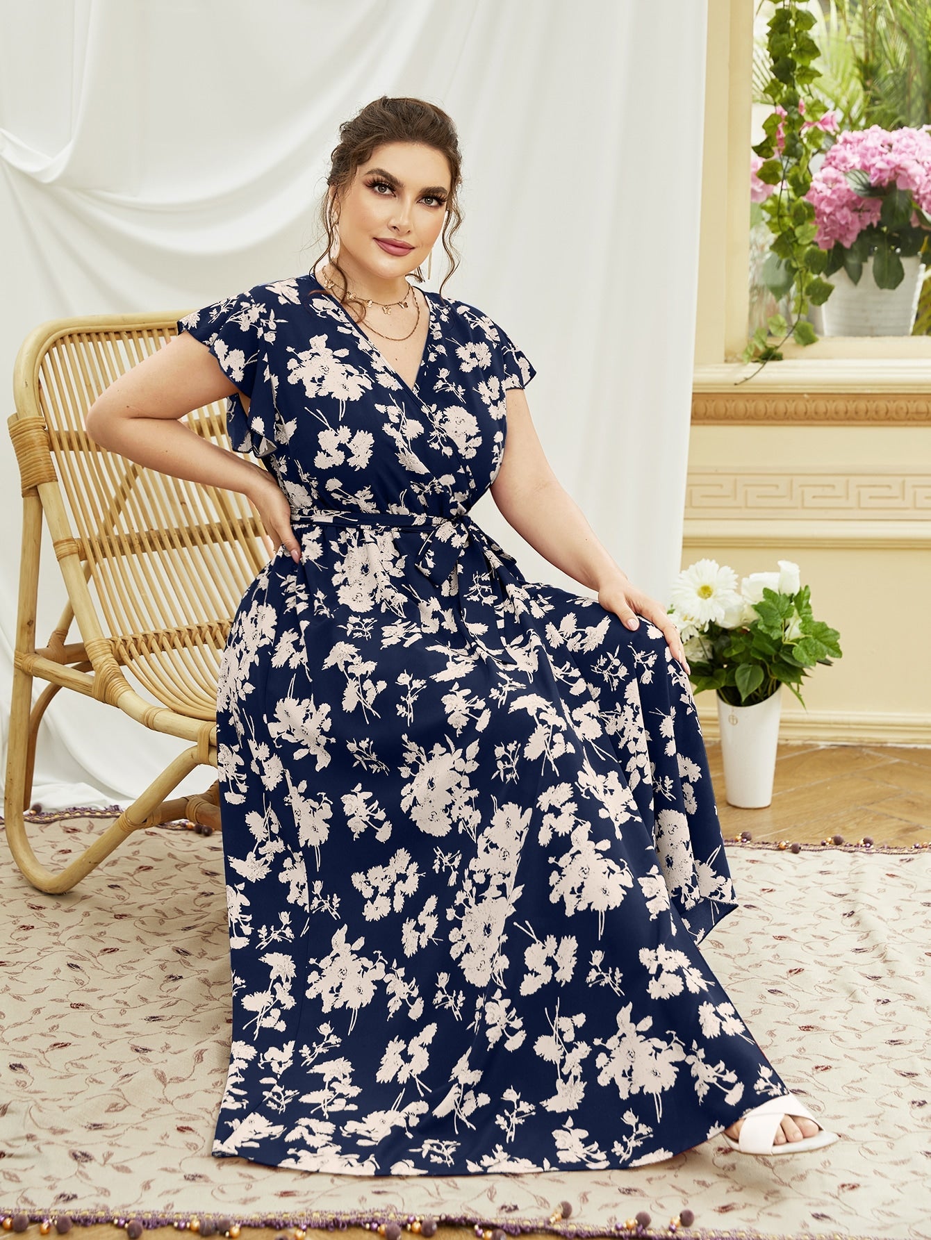 SHEIN Plus One Shoulder Allover Floral Print Maxi Dress