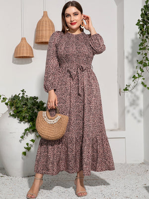 SHEIN Mulvari Plus Leopard Print Shirred Lantern Sleeve Ruffle Hem Belted Dress - Negative Apparel