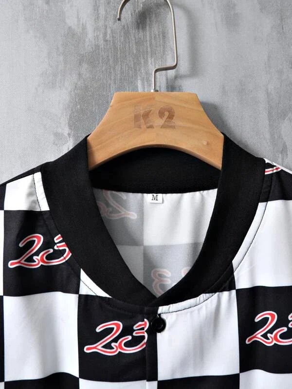 SHEIN Number & Check Print Baseball Collar Shirt - Negative Apparel