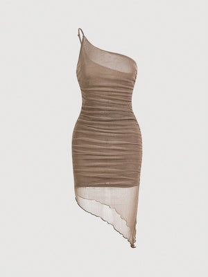 SHEIN One Shoulder Ruched Asymmetrical Hem Mesh Dress - Negative Apparel