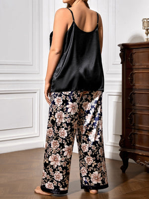 SHEIN Plus Floral Print Satin Cami Top & Pants PJ Set - Negative Apparel