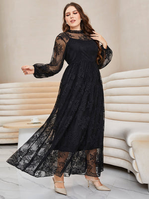 SHEIN Plus Lantern Sleeve Mock Neck Lace Dress - Negative Apparel