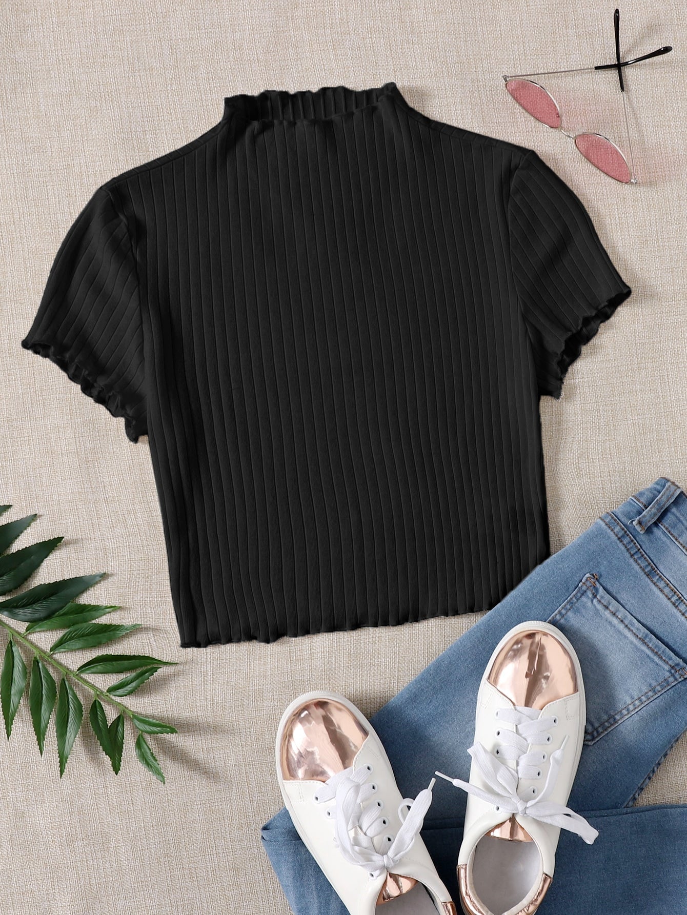 SHEIN Plus Mock Neck Lettuce Trim Rib-knit Tee - Negative Apparel