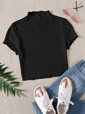 SHEIN Plus Mock Neck Lettuce Trim Rib-knit Tee - Negative Apparel