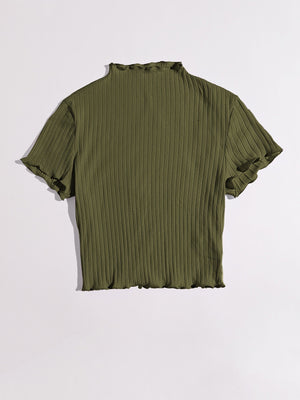 SHEIN Plus Mock Neck Lettuce Trim Rib-knit Tee - Negative Apparel