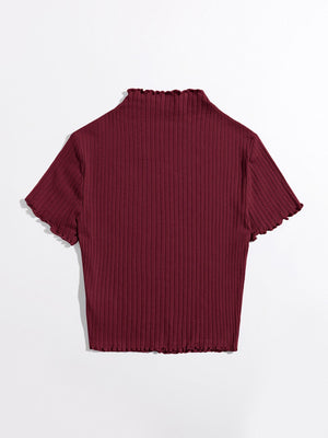 SHEIN Plus Mock Neck Lettuce Trim Rib-knit Tee - Negative Apparel