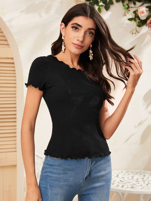 SHEIN Ribbed Lettuce-Edge Form-Fitting Top - Negative Apparel
