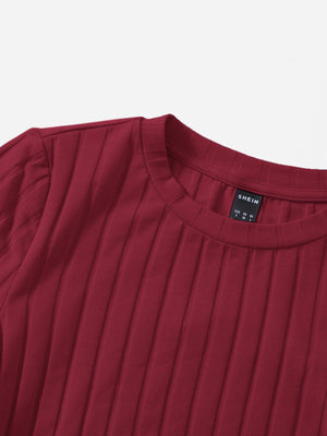 SHEIN Round Neck Short Sleeves Drawstring Ruched Side Rib-Knit Tee - Negative Apparel