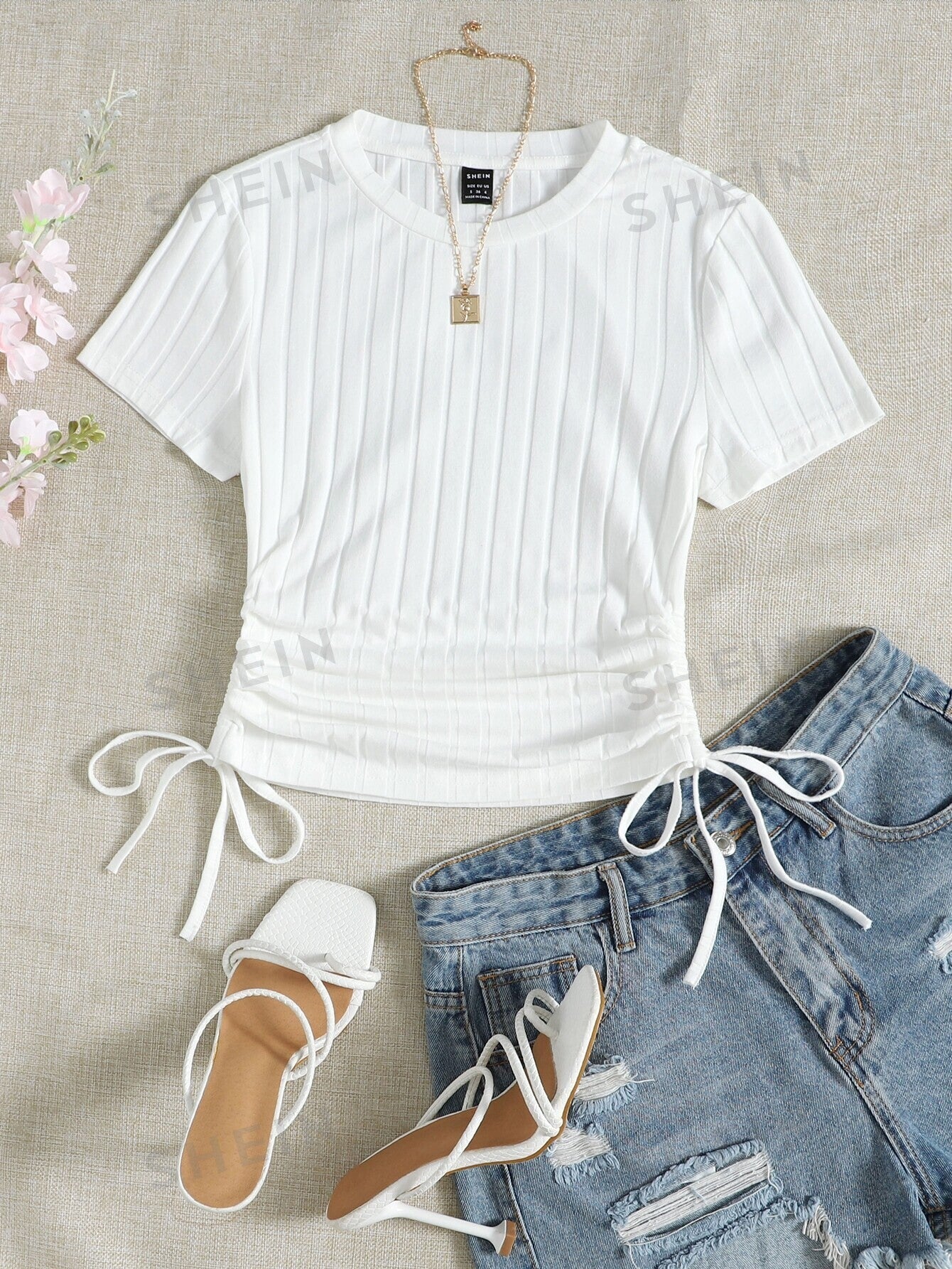 SHEIN Round Neck Short Sleeves Drawstring Ruched Side Rib-Knit Tee - Negative Apparel