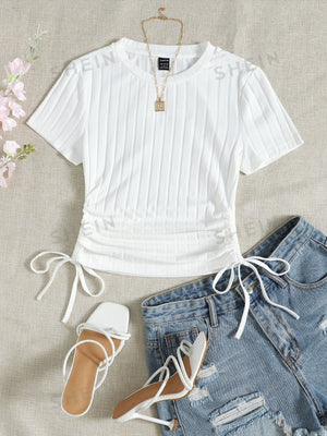 SHEIN Round Neck Short Sleeves Drawstring Ruched Side Rib-Knit Tee - Negative Apparel