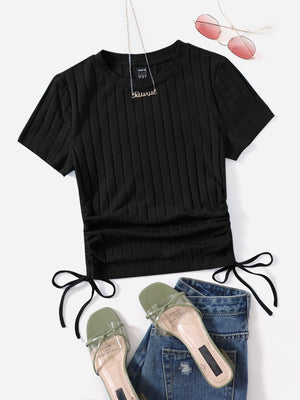 SHEIN Round Neck Short Sleeves Drawstring Ruched Side Rib-Knit Tee - Negative Apparel