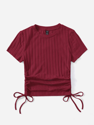 SHEIN Round Neck Short Sleeves Drawstring Ruched Side Rib-Knit Tee - Negative Apparel