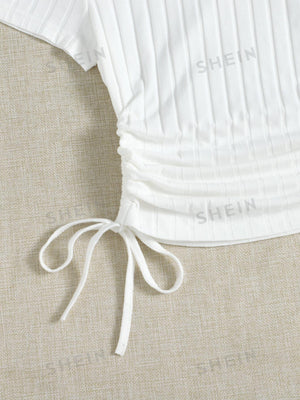 SHEIN Round Neck Short Sleeves Drawstring Ruched Side Rib-Knit Tee - Negative Apparel