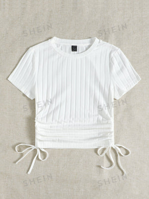 SHEIN Round Neck Short Sleeves Drawstring Ruched Side Rib-Knit Tee - Negative Apparel