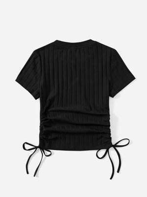 SHEIN Round Neck Short Sleeves Drawstring Ruched Side Rib-Knit Tee - Negative Apparel