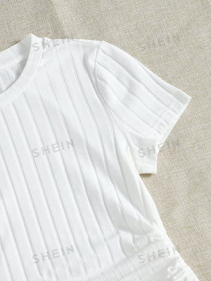 SHEIN Round Neck Short Sleeves Drawstring Ruched Side Rib-Knit Tee - Negative Apparel
