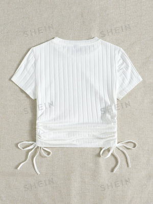 SHEIN Round Neck Short Sleeves Drawstring Ruched Side Rib-Knit Tee - Negative Apparel