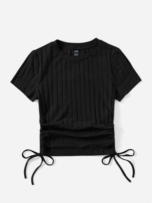 SHEIN Round Neck Short Sleeves Drawstring Ruched Side Rib-Knit Tee - Negative Apparel