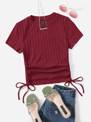 SHEIN Round Neck Short Sleeves Drawstring Ruched Side Rib-Knit Tee - Negative Apparel