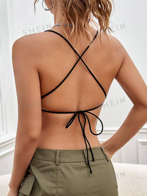 SHEIN Ruched Bust Lettuce Trim Hanky Hem Cami Top - Negative Apparel