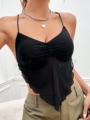 SHEIN Ruched Bust Lettuce Trim Hanky Hem Cami Top - Negative Apparel