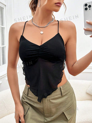 SHEIN Ruched Bust Lettuce Trim Hanky Hem Cami Top - Negative Apparel