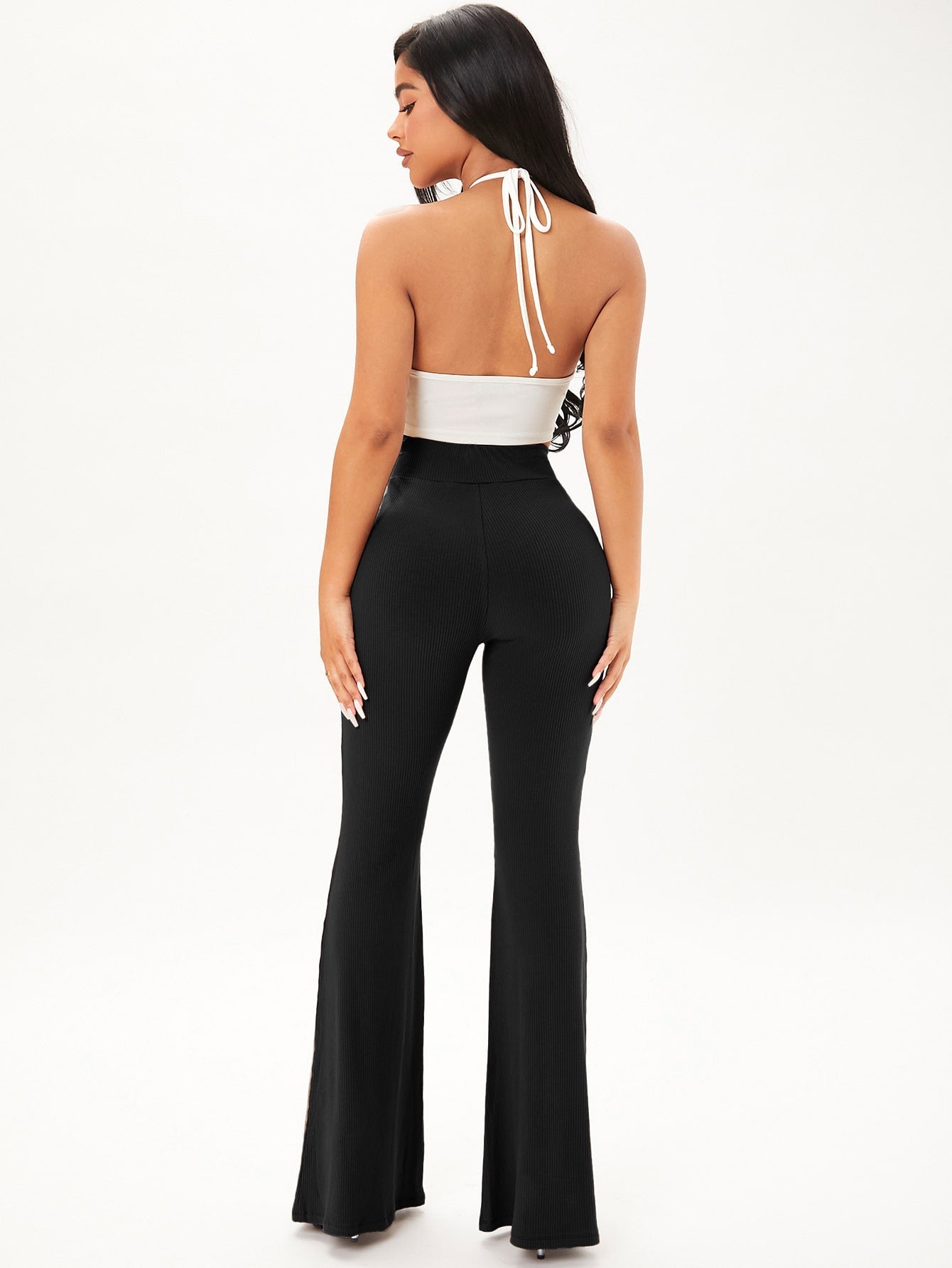 SHEIN Solid Rib Knit Flare Leg Pants - Negative Apparel