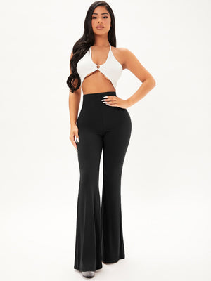 SHEIN Solid Rib Knit Flare Leg Pants - Negative Apparel