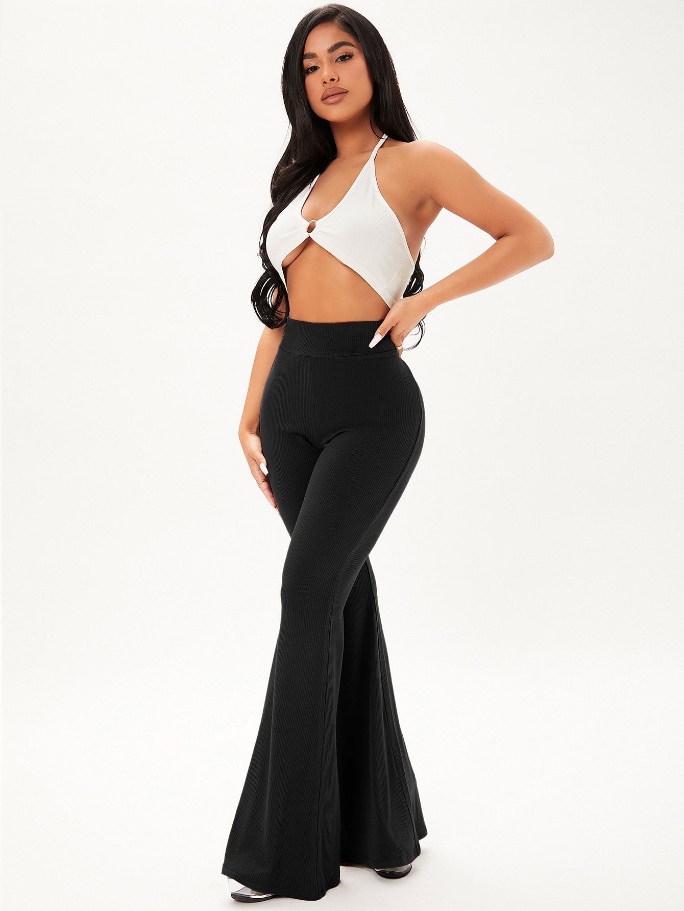 SHEIN Solid Rib Knit Flare Leg Pants - Negative Apparel