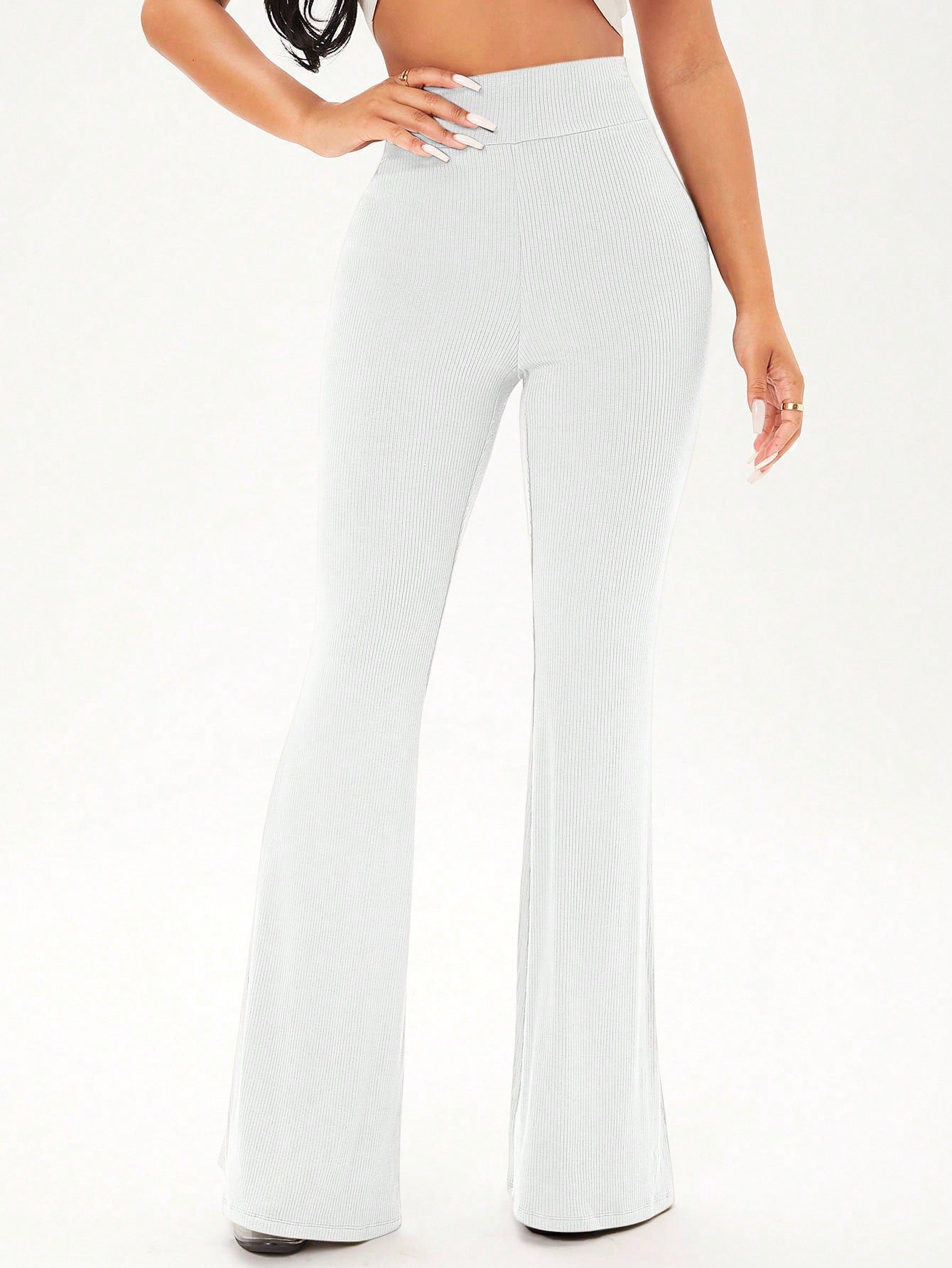 SHEIN Solid Rib Knit Flare Leg Pants - Negative Apparel