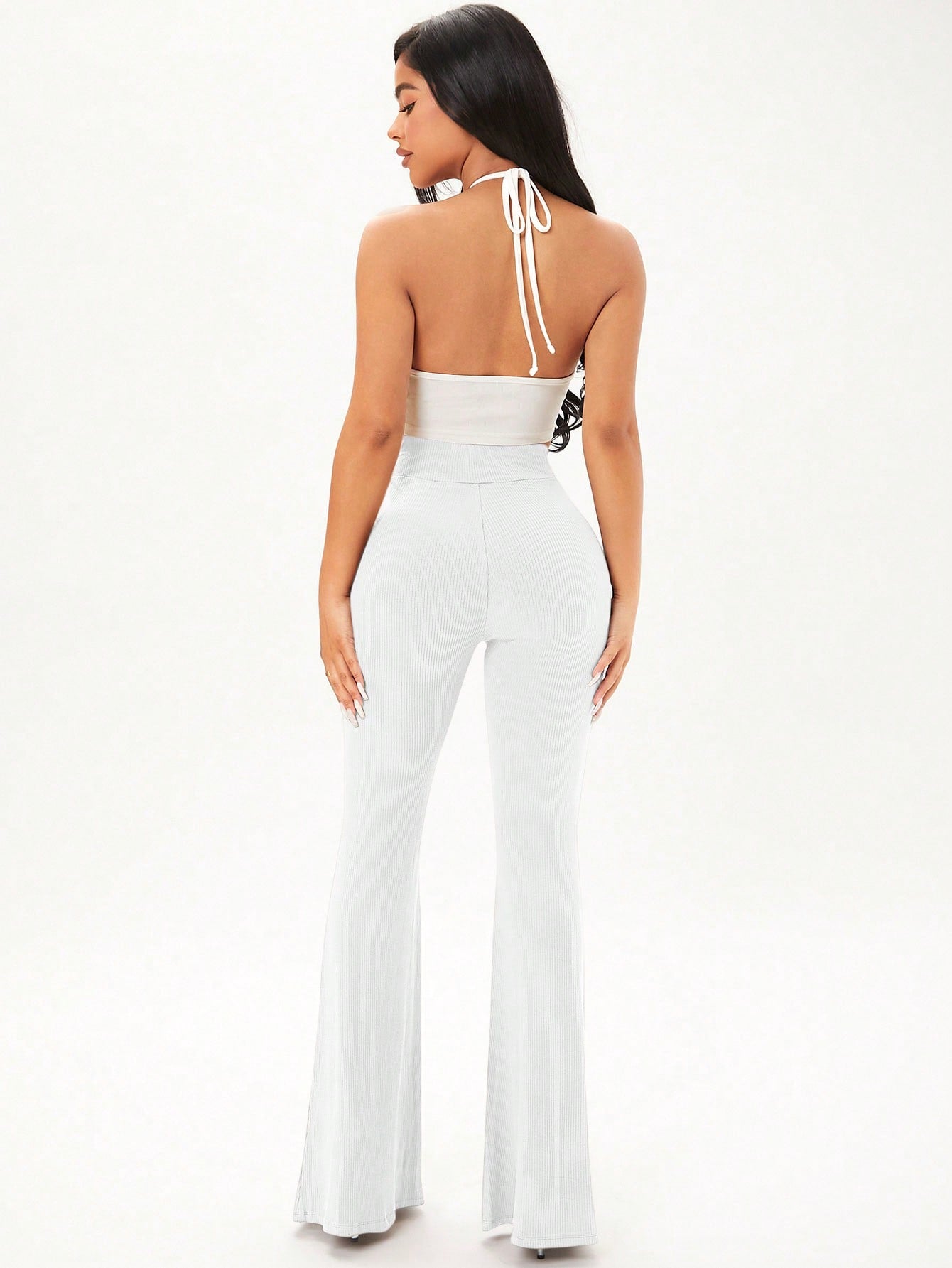 SHEIN Solid Rib Knit Flare Leg Pants - Negative Apparel